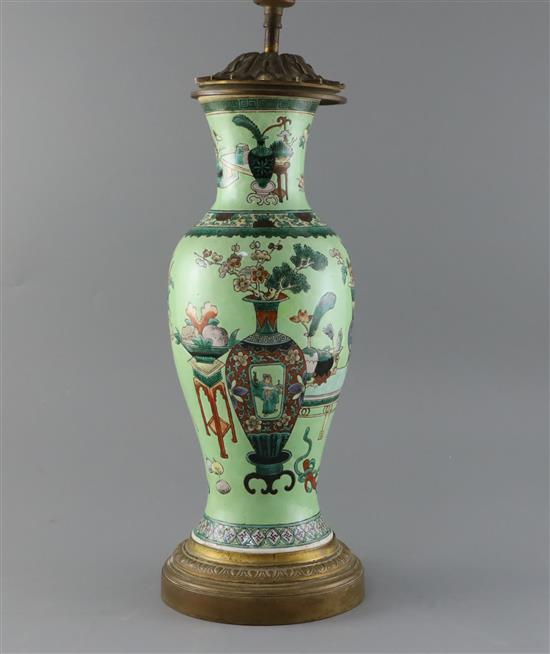 A Chinese Hundred Antiques lime green ground vase, 19th century, converted to a lamp, overall H.51.5cm